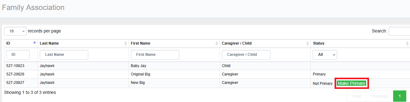 Screenshot of Family Association screen with Make Primary button in lower right corner is highlighted