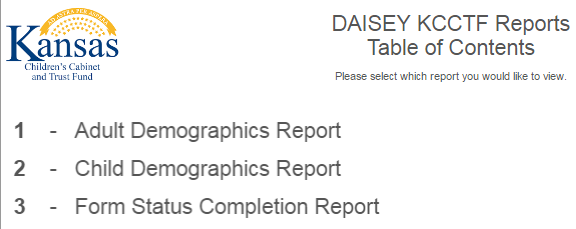 Reports menu with adult and child demographics reports and form status completion report