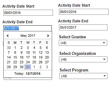 pop up calendar filter